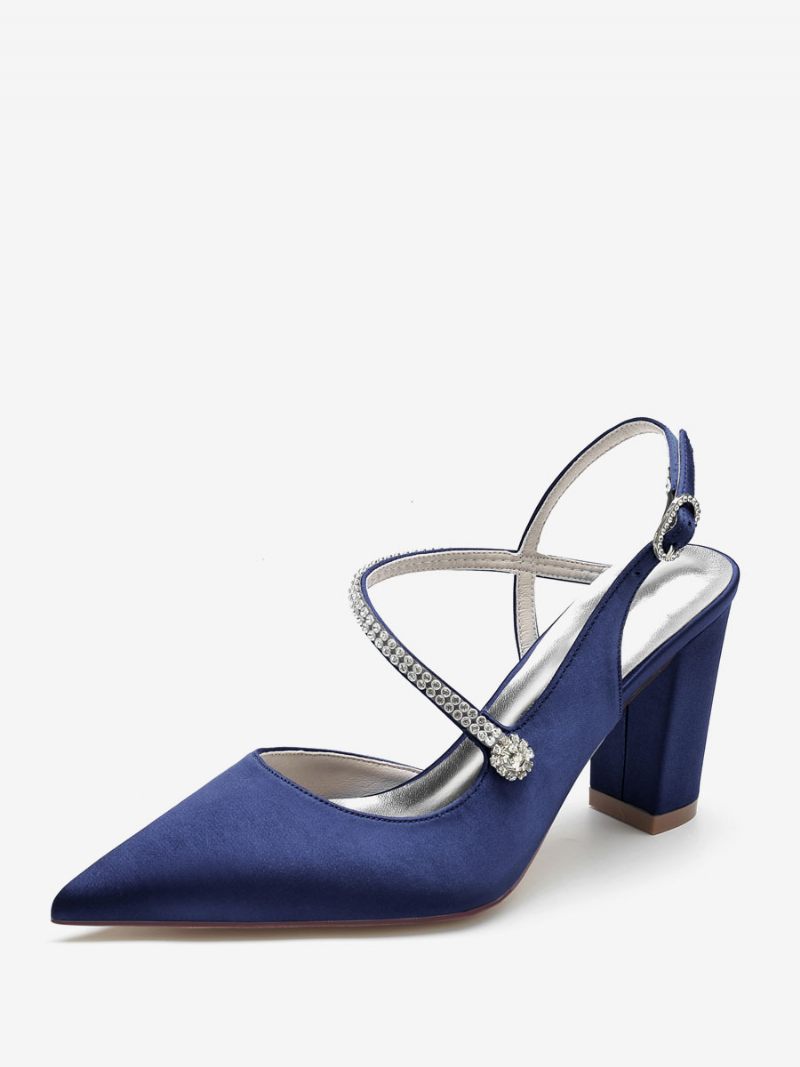 Chaussures Mariage Pour Femmes Satin Bleu Profond Bout Pointu Strass Talon Épais Mariée - Bleu Profond