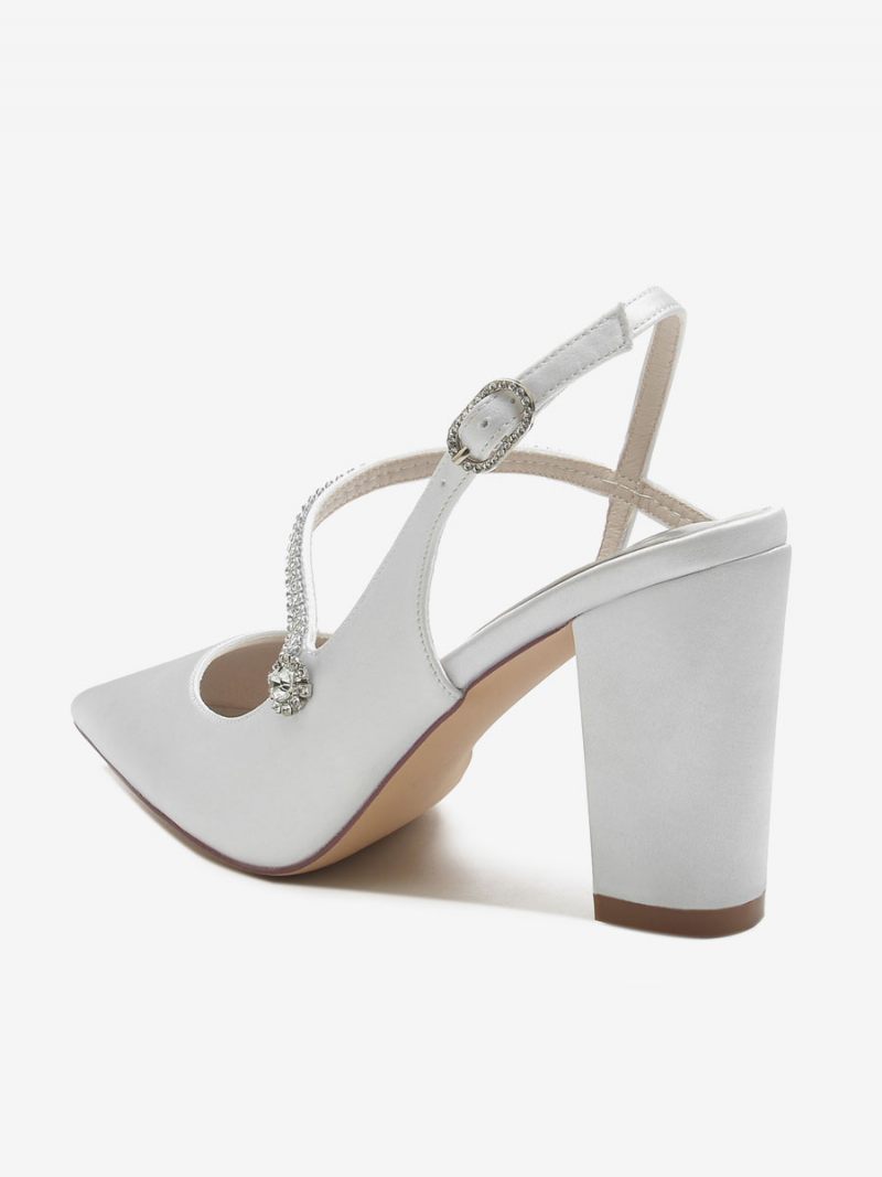 Chaussures Mariage Pour Femmes Satin Bleu Profond Bout Pointu Strass Talon Épais Mariée - Blanc