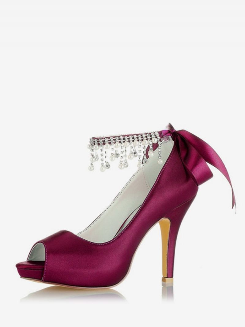 Chaussures Mariage Pour Femmes Satin Bordeaux Peep Toe Strass Talon Épais Mariée - Bourgogne