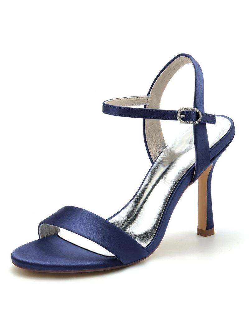 Chaussures Mariage Pour Femmes Satin À Bout Ouvert Et Talon Épais - Bleu Profond