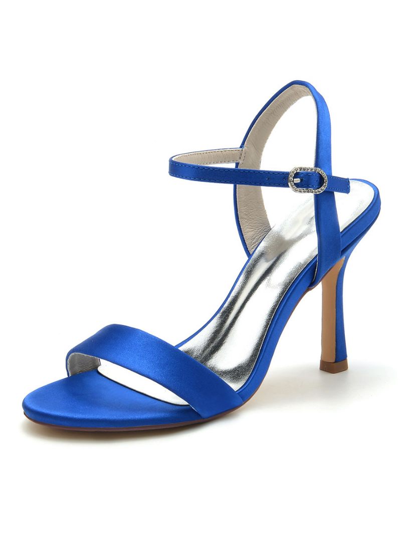 Chaussures Mariage Pour Femmes Satin À Bout Ouvert Et Talon Épais - Bleu Royal