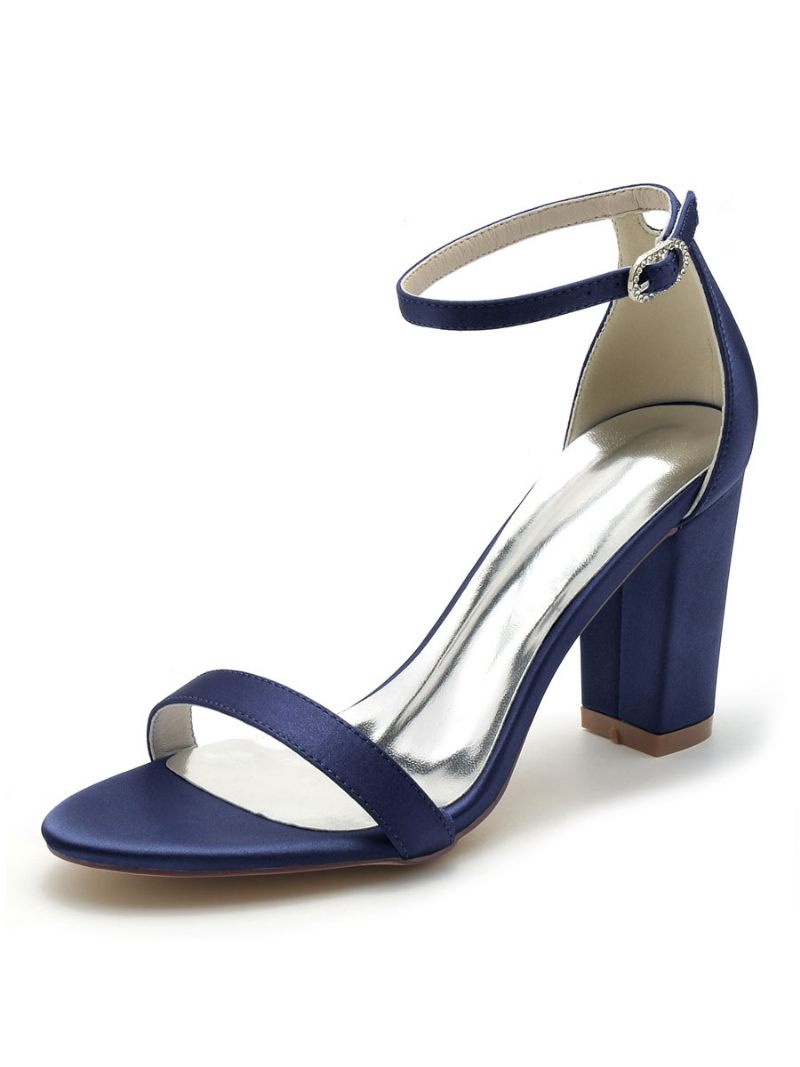 Chaussures Mariage Pour Femmes Satin À Bout Ouvert Et Talon Épais - Bleu Profond