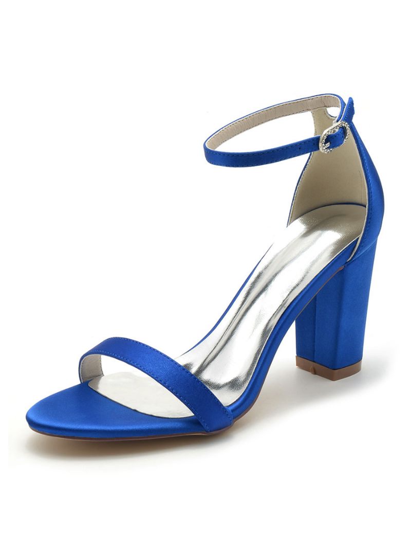 Chaussures Mariage Pour Femmes Satin À Bout Ouvert Et Talon Épais - Bleu Royal