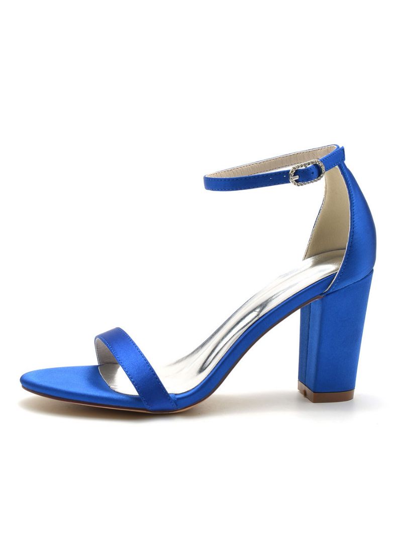 Chaussures Mariage Pour Femmes Satin À Bout Ouvert Et Talon Épais - Bleu Royal