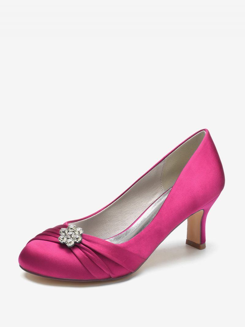 Chaussures Mariage Pour Femmes Satin Bout Rond Strass Talon Épais Mariée - Rose