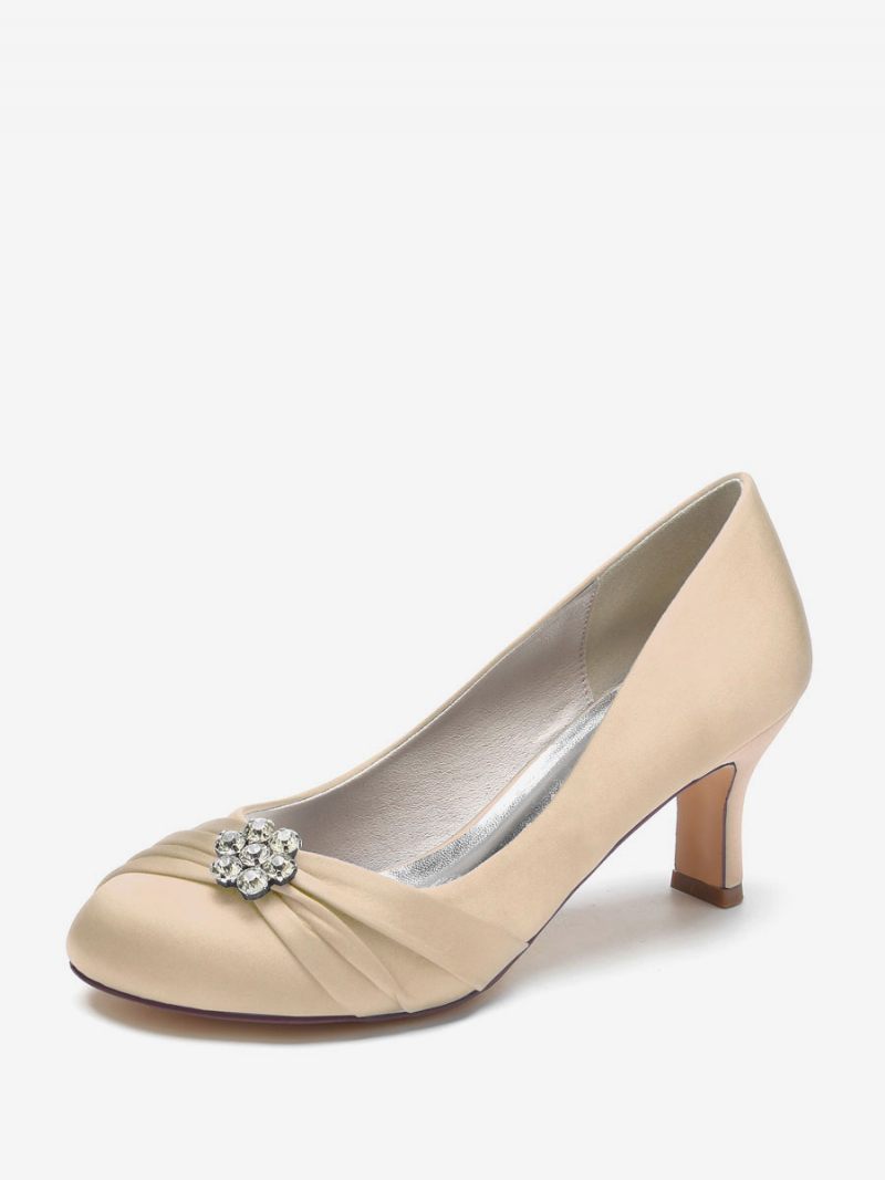 Chaussures Mariage Pour Femmes Satin Bout Rond Strass Talon Épais Mariée - Champagne