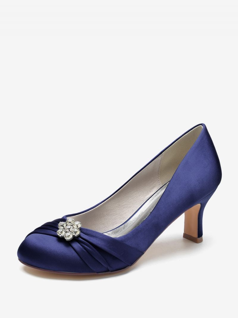 Chaussures Mariage Pour Femmes Satin Bout Rond Strass Talon Épais Mariée - Bleu Profond