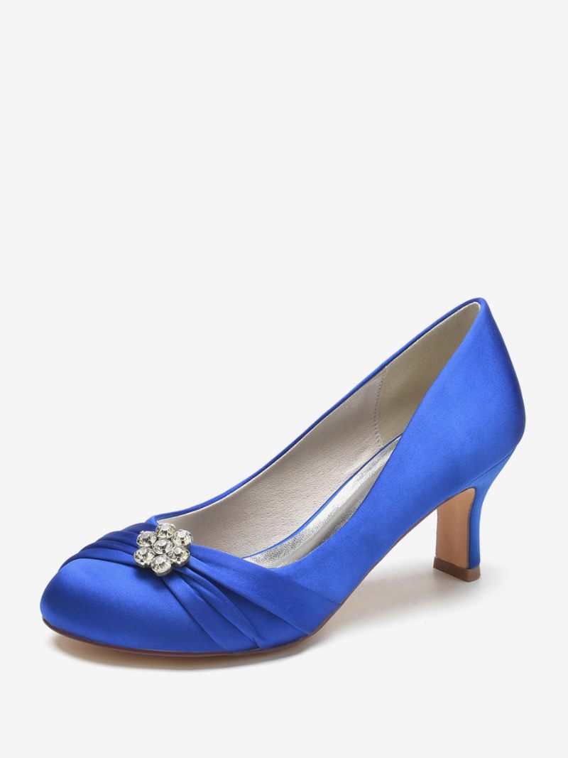 Chaussures Mariage Pour Femmes Satin Bout Rond Strass Talon Épais Mariée - Bleu Royal