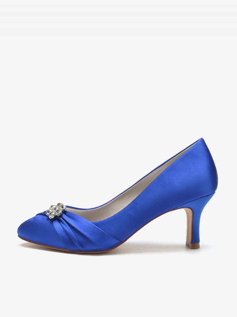 Chaussures Mariage Pour Femmes Satin Bout Rond Strass Talon Épais Mariée - Bleu Royal