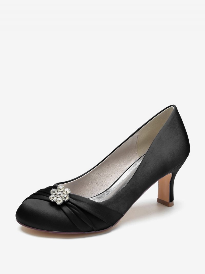 Chaussures Mariage Pour Femmes Satin Bout Rond Strass Talon Épais Mariée - Noir