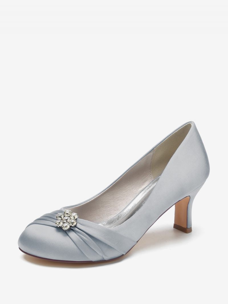 Chaussures Mariage Pour Femmes Satin Bout Rond Strass Talon Épais Mariée - Argent