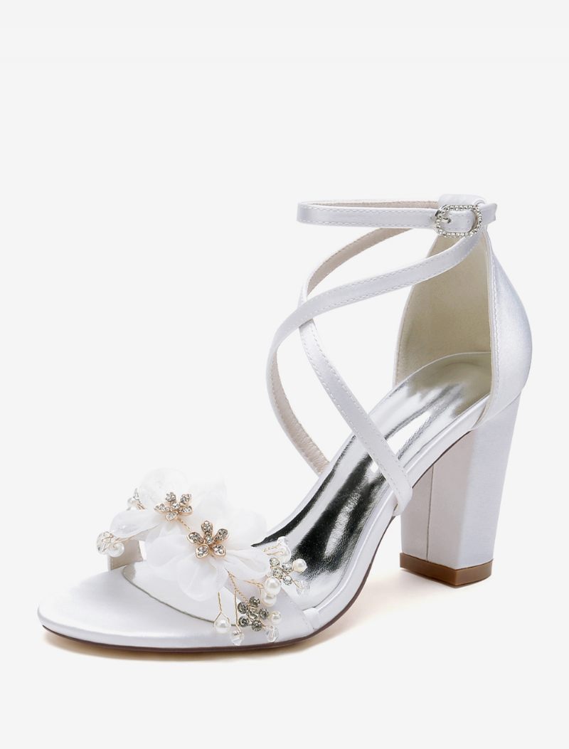 Chaussures Mariage Pour Femmes Satin Fleurs Blanches Sandales À Bout Ouvert