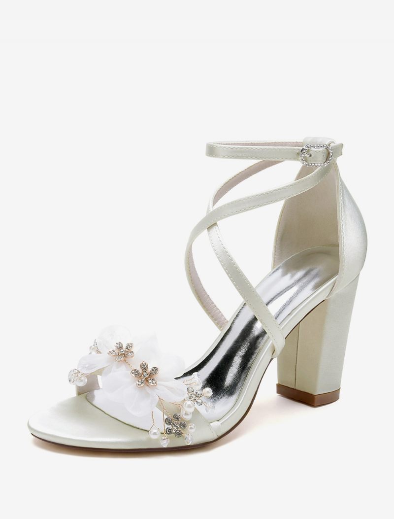 Chaussures Mariage Pour Femmes Satin Fleurs Blanches Sandales À Bout Ouvert - Ivoire