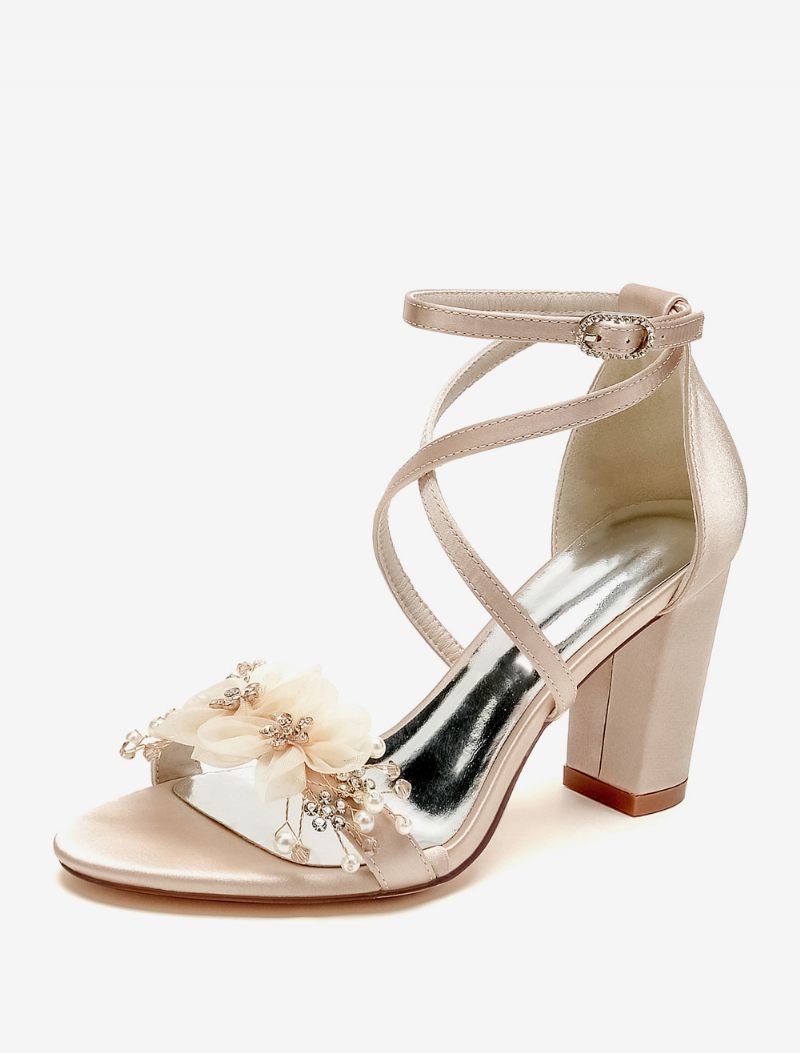 Chaussures Mariage Pour Femmes Satin Fleurs Blanches Sandales À Bout Ouvert - Champagne