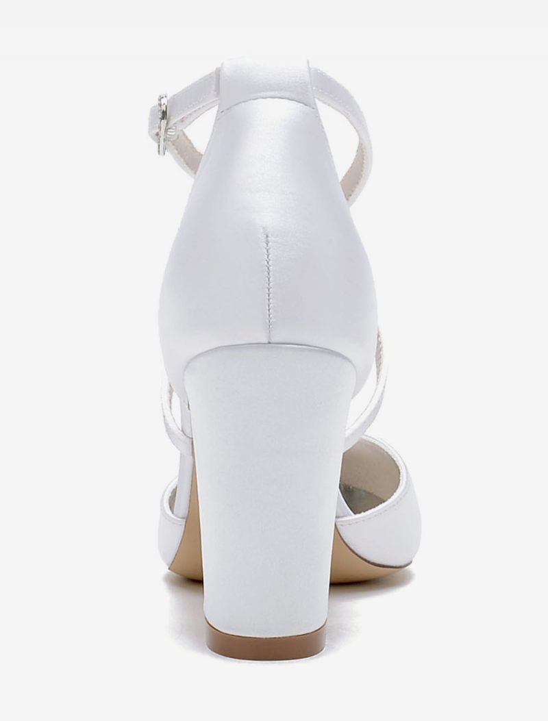 Chaussures Mariage Pour Femmes Satin Fleurs Blanches Sandales À Bout Ouvert - Blanc