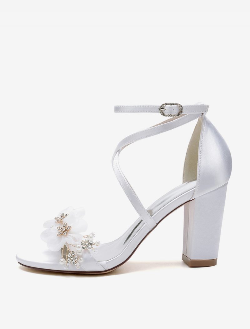 Chaussures Mariage Pour Femmes Satin Fleurs Blanches Sandales À Bout Ouvert - Blanc