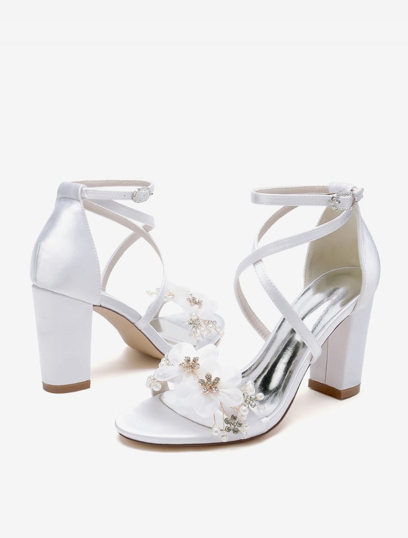 Chaussures Mariage Pour Femmes Satin Fleurs Blanches Sandales À Bout Ouvert - Blanc