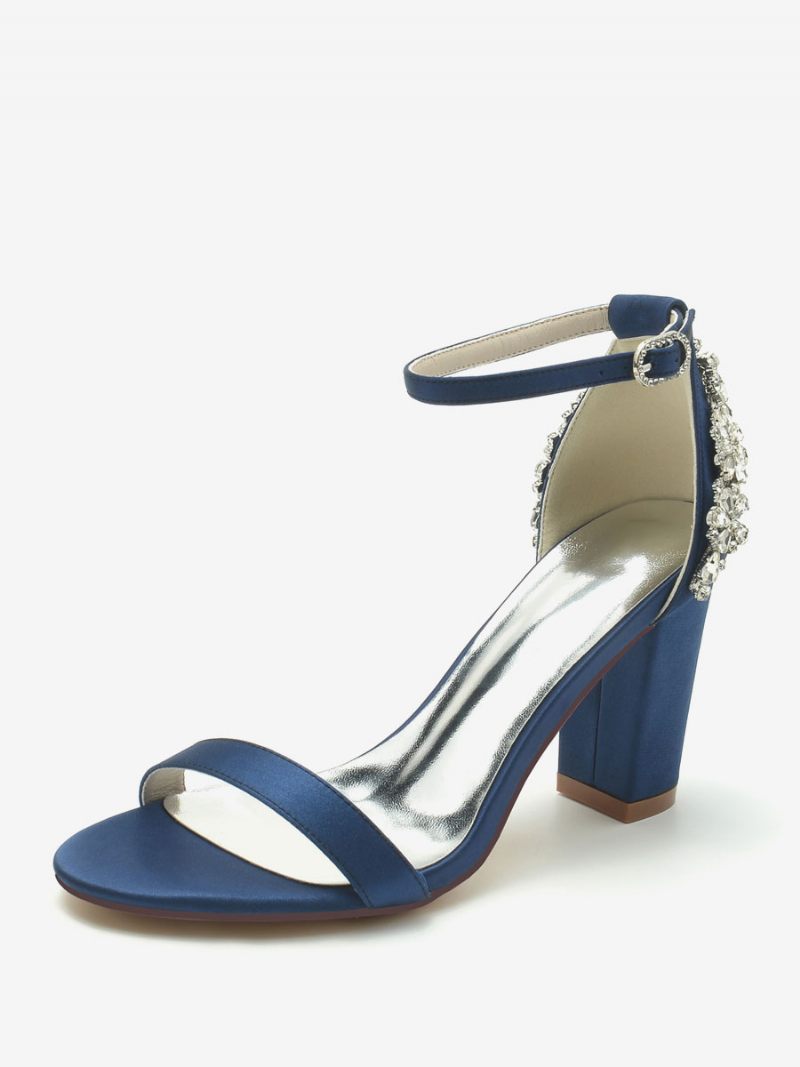 Chaussures Mariage Pour Femmes Satin Ivoire Strass Sandales À Bout Ouvert - Bleu Profond