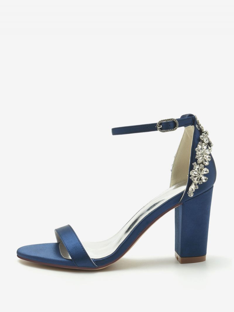 Chaussures Mariage Pour Femmes Satin Ivoire Strass Sandales À Bout Ouvert - Bleu Profond