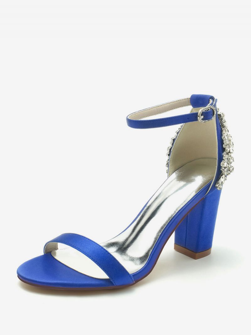 Chaussures Mariage Pour Femmes Satin Ivoire Strass Sandales À Bout Ouvert - Bleu Royal