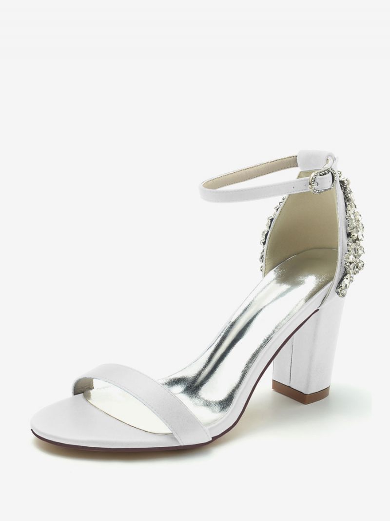 Chaussures Mariage Pour Femmes Satin Ivoire Strass Sandales À Bout Ouvert - Blanc