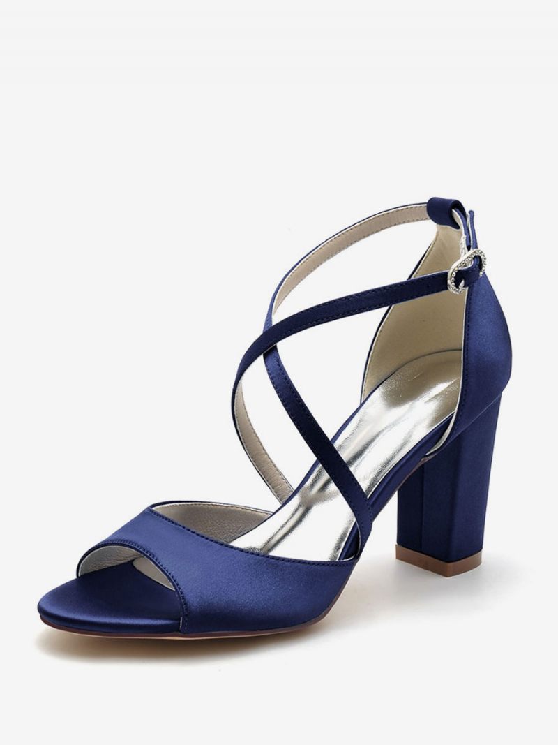 Chaussures Mariage Pour Femmes Satin Peep Toe Block Heel Mariée - Bleu Profond