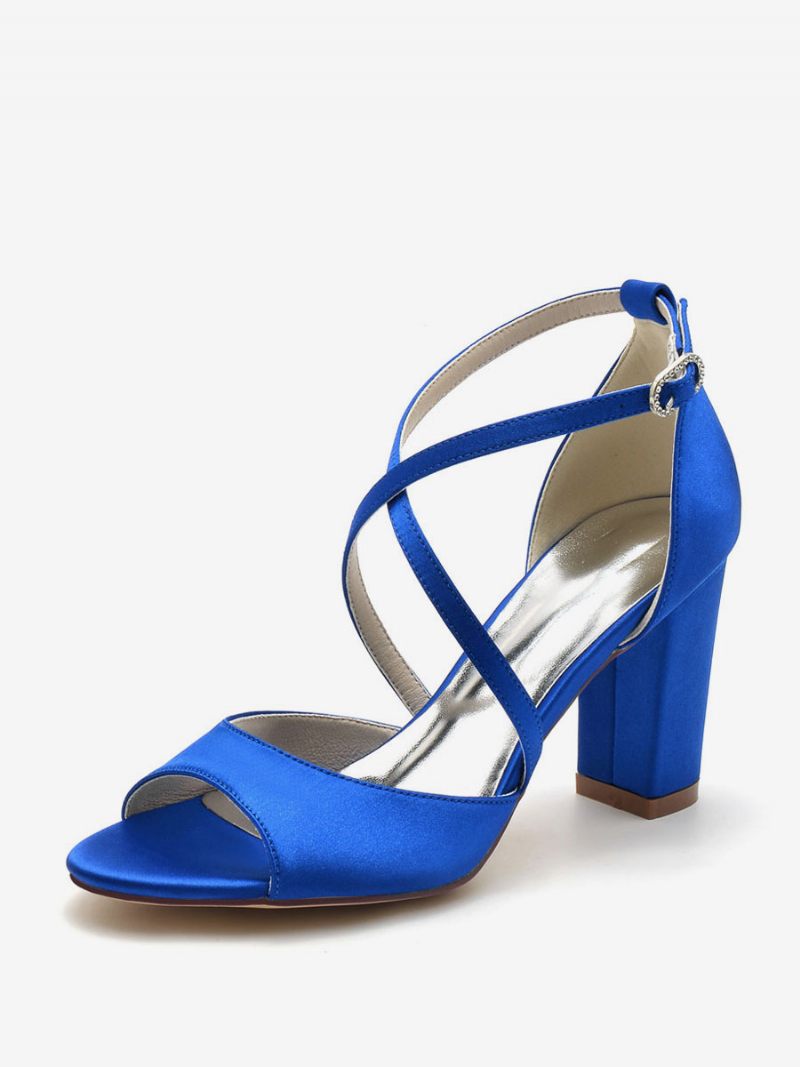 Chaussures Mariage Pour Femmes Satin Peep Toe Block Heel Mariée - Bleu Royal