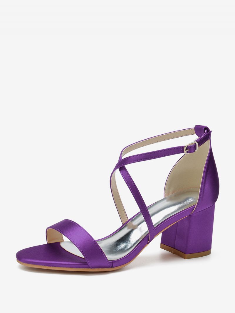 Chaussures Mariage Pour Femmes Satin Raisin Bout Ouvert Talon Épais Croisé Mariée - Violet Foncé