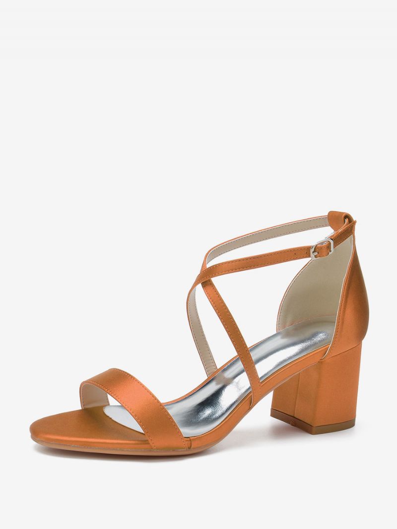 Chaussures Mariage Pour Femmes Satin Raisin Bout Ouvert Talon Épais Croisé Mariée - Orange