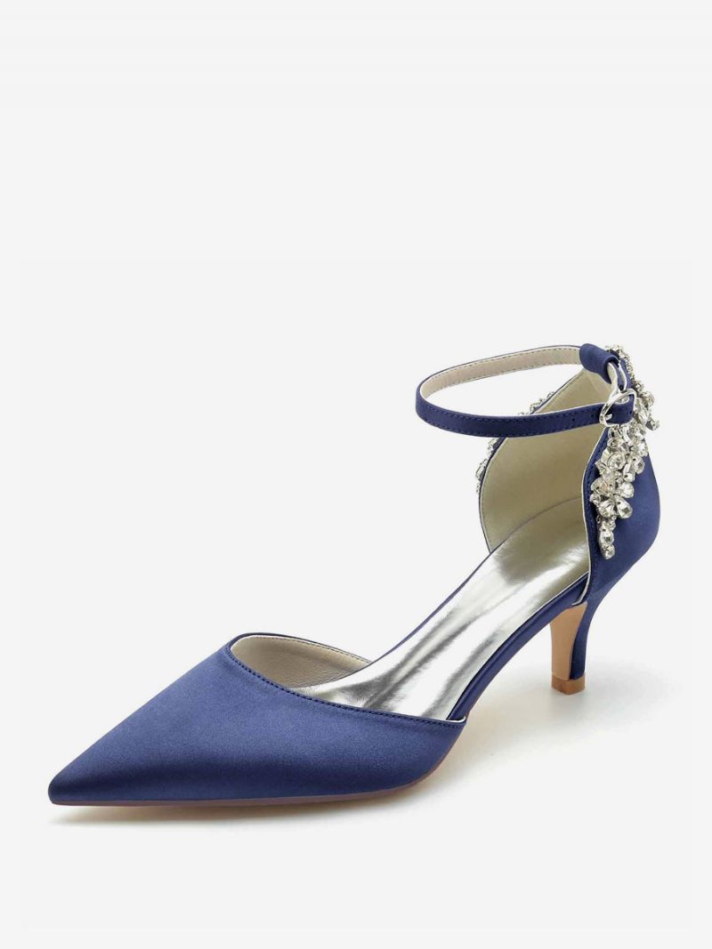 Chaussures Mariage Pour Femmes Soie Et Satin Bout Pointu Strass Mariée À Talon Chaton - Bleu Profond