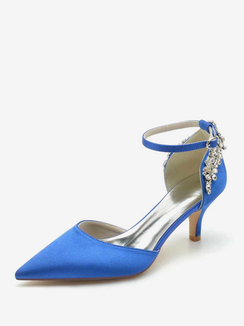 Chaussures Mariage Pour Femmes Soie Et Satin Bout Pointu Strass Mariée À Talon Chaton - Bleu Royal