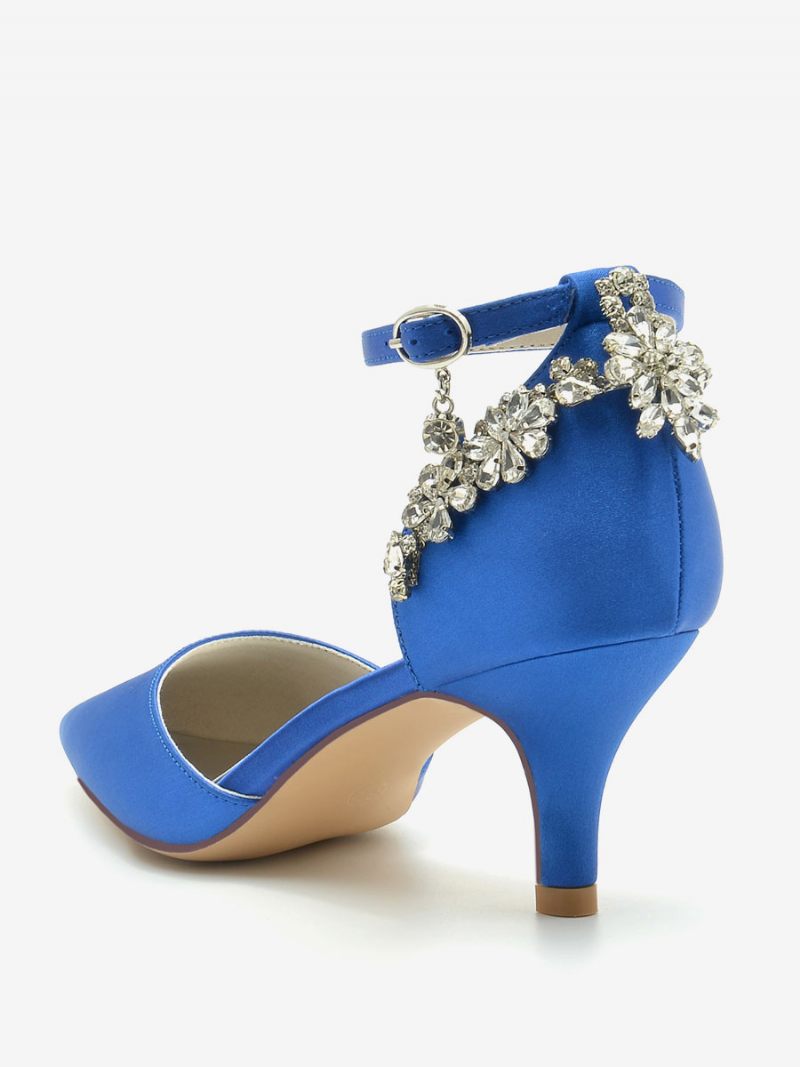 Chaussures Mariage Pour Femmes Soie Et Satin Bout Pointu Strass Mariée À Talon Chaton - Bleu Royal