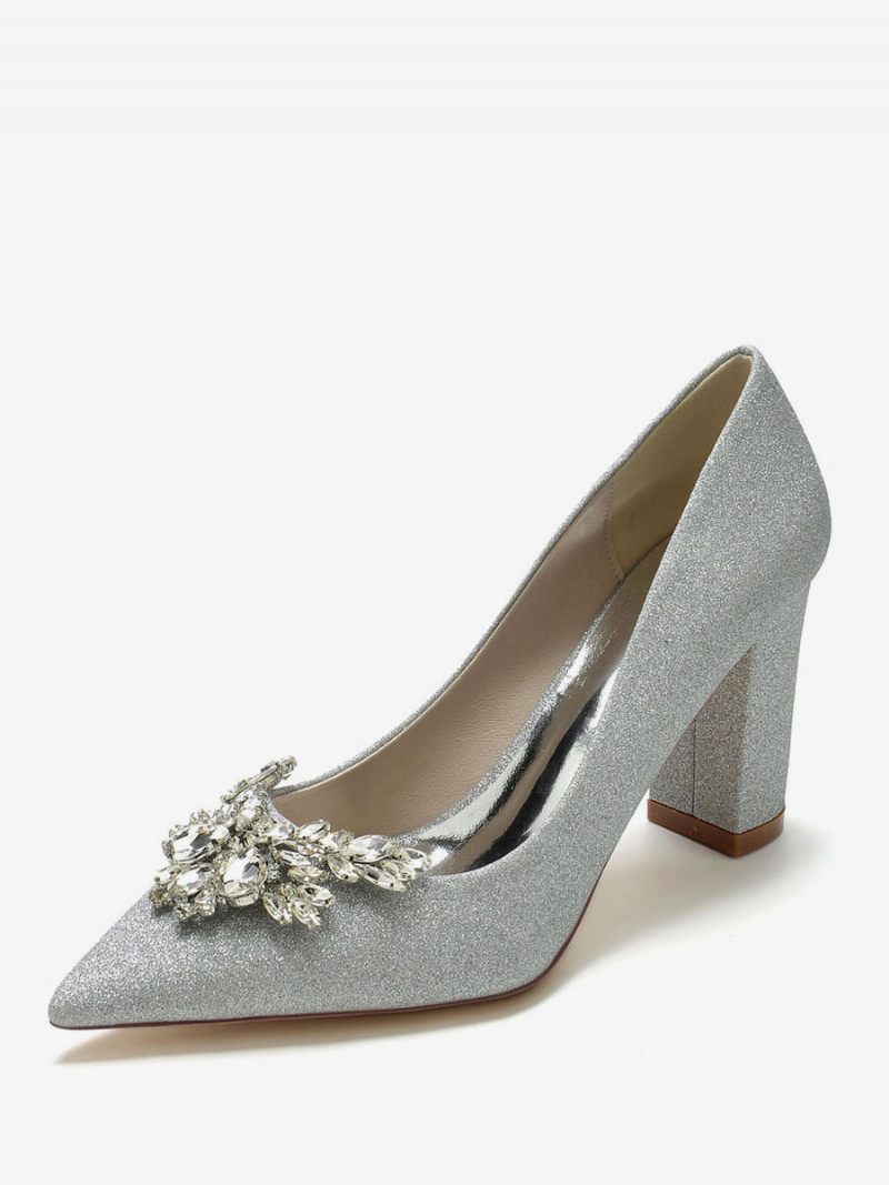 Chaussures Mariage Pour Femmes Strass Bout Pointu Mariée À Talons Épais - Argent