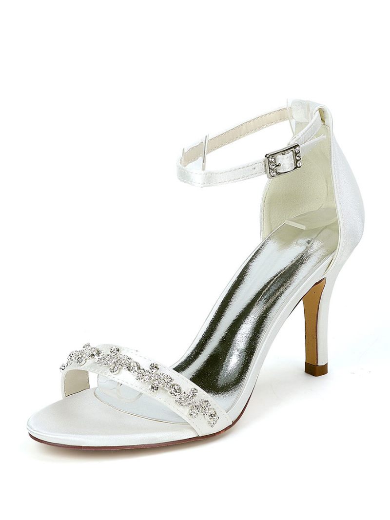 Chaussures Mariage Pour Femmes Strass Bride À La Cheville Sandales Talons Aiguilles - Ivoire