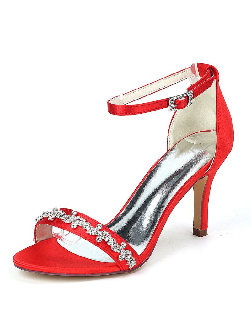 Chaussures Mariage Pour Femmes Strass Bride À La Cheville Sandales Talons Aiguilles - Rouge