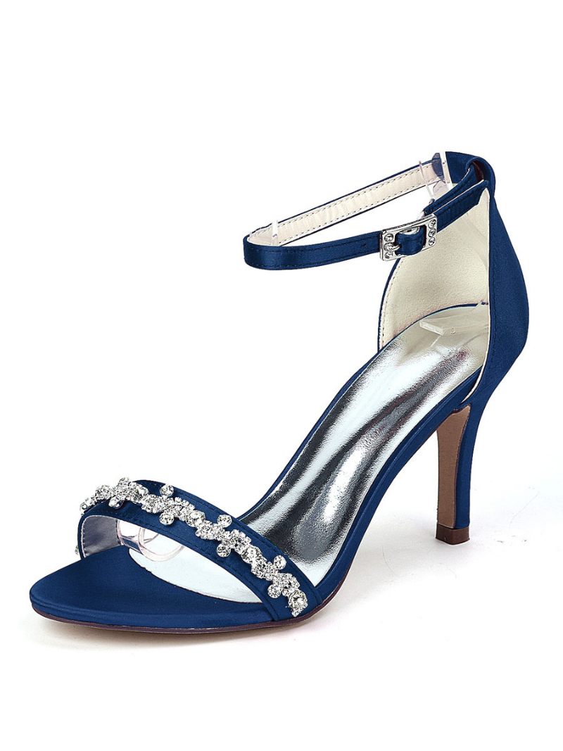 Chaussures Mariage Pour Femmes Strass Bride À La Cheville Sandales Talons Aiguilles - Bleu Profond