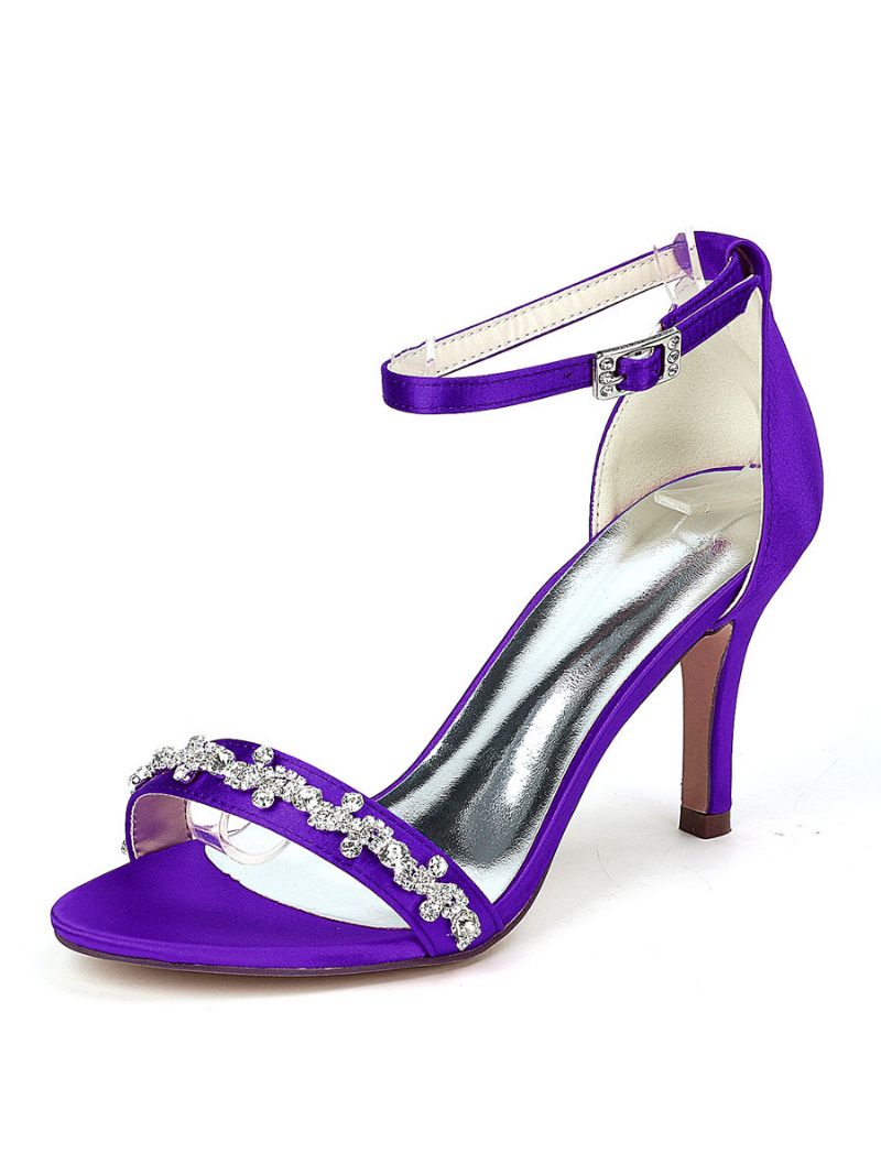 Chaussures Mariage Pour Femmes Strass Bride À La Cheville Sandales Talons Aiguilles - Violet Foncé