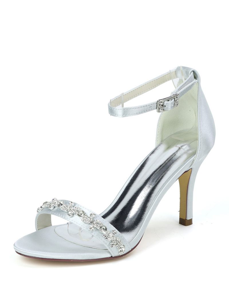 Chaussures Mariage Pour Femmes Strass Bride À La Cheville Sandales Talons Aiguilles - Argent