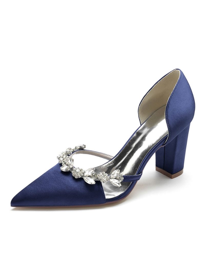 Chaussures Mariage Pour Femmes Strass Dorsay Escarpins À Talons Épais Satin - Bleu Profond