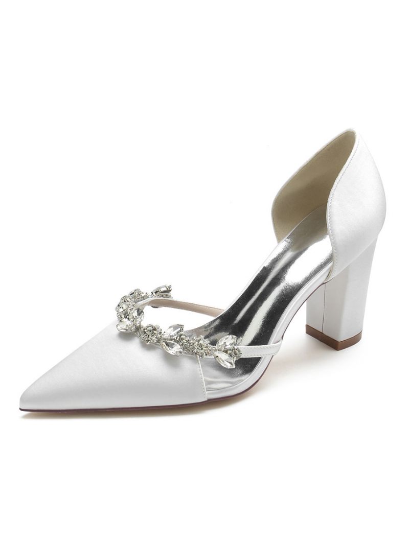 Chaussures Mariage Pour Femmes Strass Dorsay Escarpins À Talons Épais Satin - Blanc