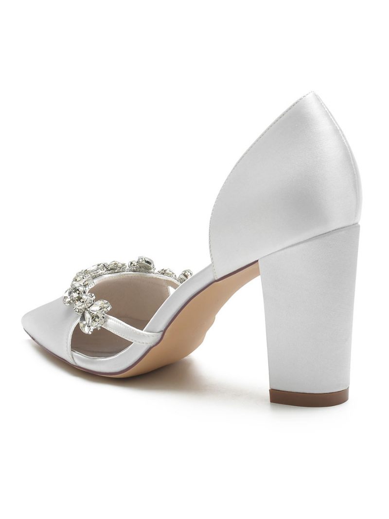 Chaussures Mariage Pour Femmes Strass Dorsay Escarpins À Talons Épais Satin - Blanc