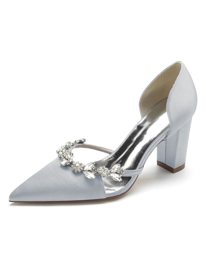 Chaussures Mariage Pour Femmes Strass Dorsay Escarpins À Talons Épais Satin - Argent