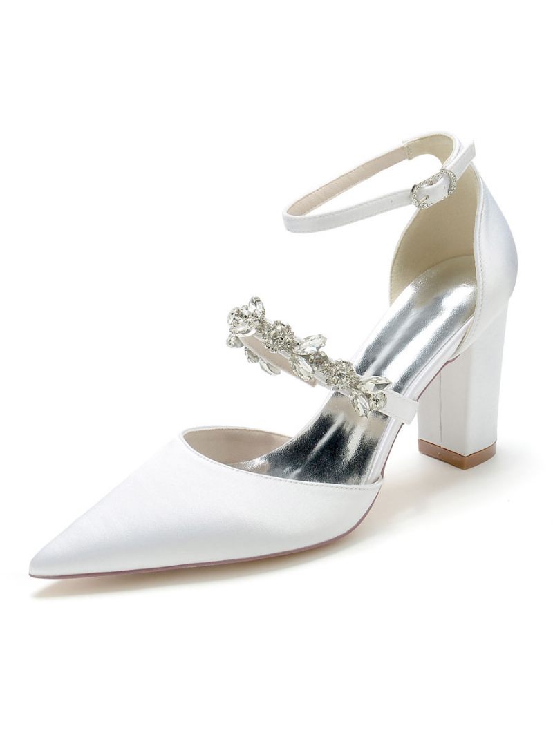 Chaussures Mariage Pour Femmes Strass Satin Bout Pointu Talon Épais Mariée