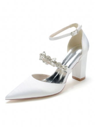 Chaussures Mariage Pour Femmes Strass Satin Bout Pointu Talon Épais Mariée