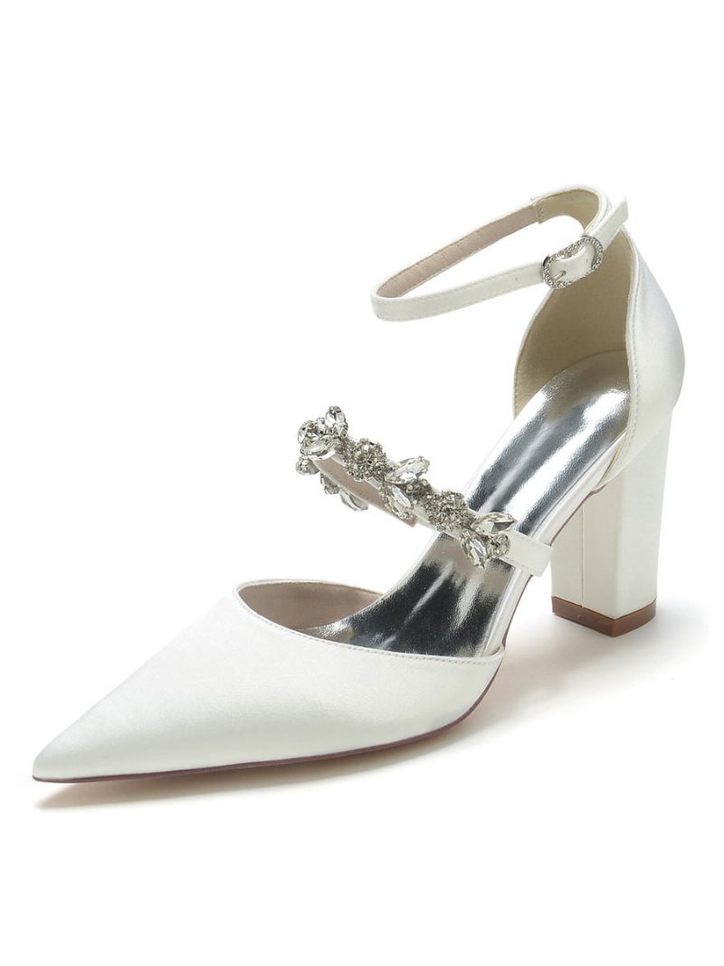 Chaussures Mariage Pour Femmes Strass Satin Bout Pointu Talon Épais Mariée - Ivoire