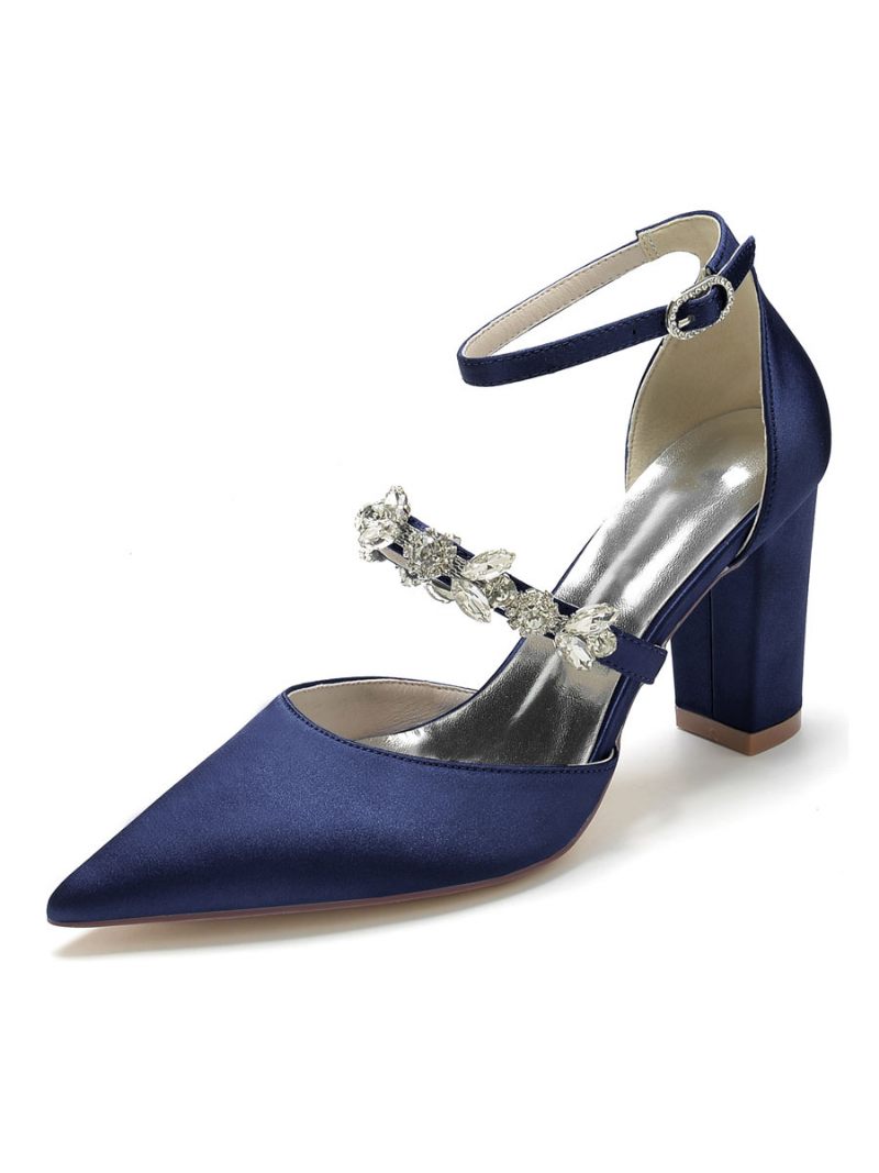 Chaussures Mariage Pour Femmes Strass Satin Bout Pointu Talon Épais Mariée - Bleu Profond