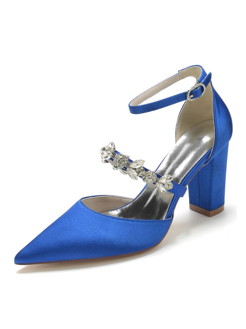 Chaussures Mariage Pour Femmes Strass Satin Bout Pointu Talon Épais Mariée - Bleu Royal