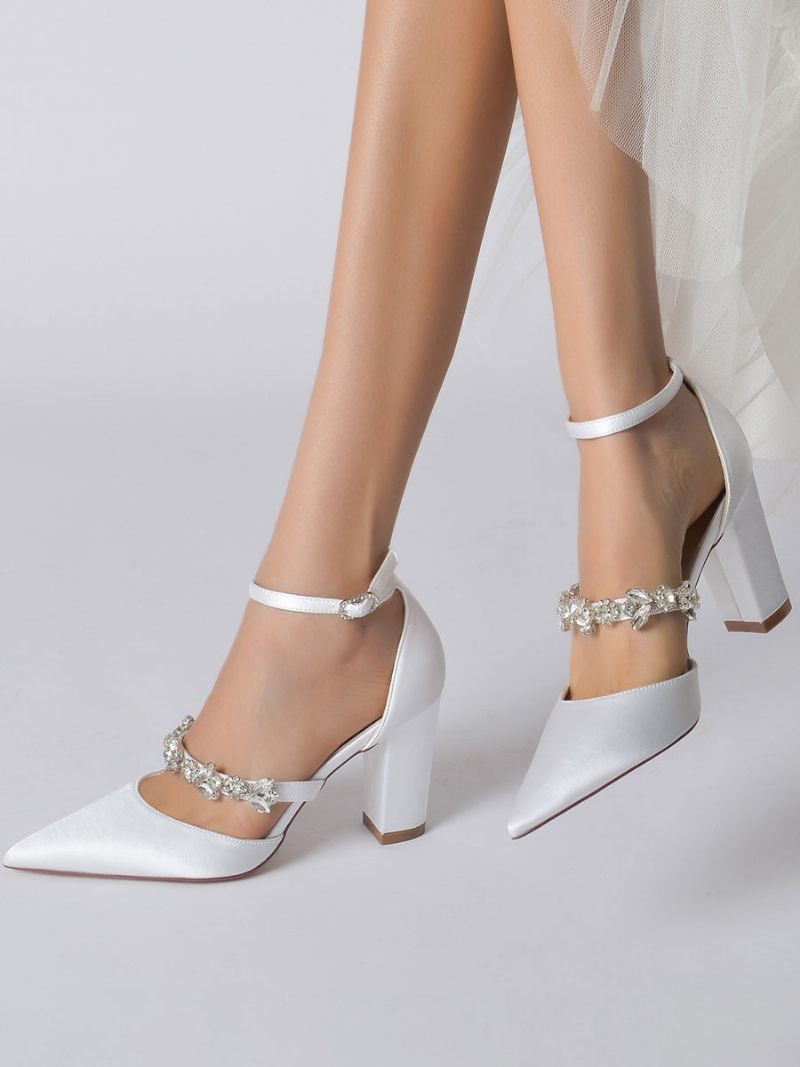 Chaussures Mariage Pour Femmes Strass Satin Bout Pointu Talon Épais Mariée - Blanc