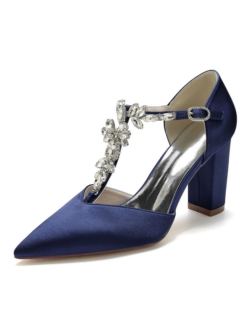 Chaussures Mariage Pour Femmes Strass Satin Bout Pointu Talon Épais Mariée - Bleu Profond