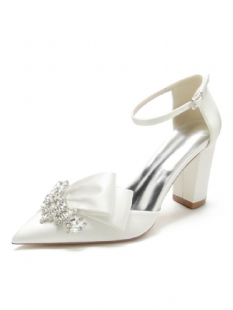 Chaussures Mariage Pour Femmes Strass Satin Bout Pointu Talon Épais Mariée